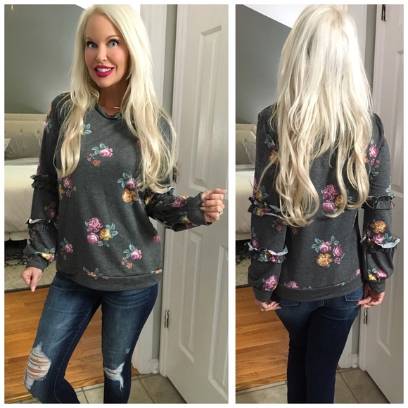 Sweaters - LAST 1!  Ruffle Sleeve Charcoal Floral Sweatshirt